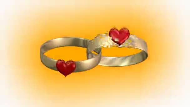 Animation Rotating Gold Wedding Rings Ornaments Shape Hearts White Background — Stock Video