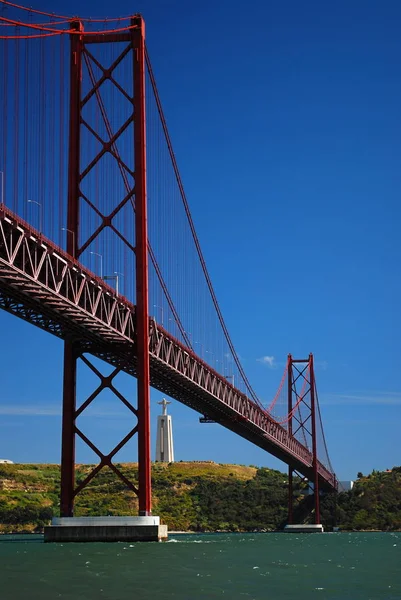 View from under de red bridge of Ponte 25 de abril at Lisbon, Portugal with the lovely blue water and sky with Cristo rei at the background on the south Room for text