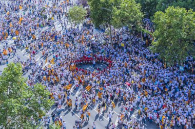 09/11/2015. Barcelona, İspanya. Yaklaşık iki milyon Katalanlar bağımsızlık lehine karşılamak Avinguda Meridiana / Avenida Meridiana Barselona 'ile Lliure' ve Catalonia bağımsızlığı için bir referandum tutun hakkı oluşturmak için.