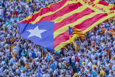 09/11/2015. Barcelona, İspanya. Yaklaşık iki milyon Katalanlar bağımsızlık lehine karşılamak Avinguda Meridiana / Avenida Meridiana Barselona 'ile Lliure' ve Catalonia bağımsızlığı için bir referandum tutun hakkı oluşturmak için.