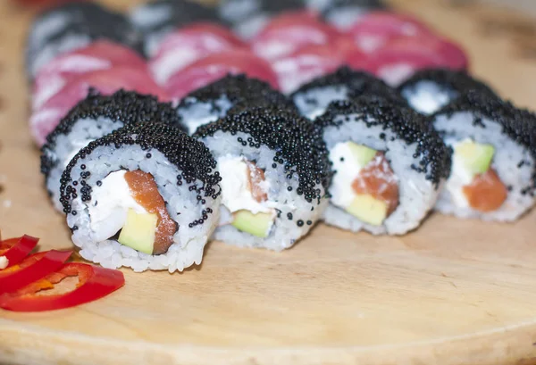 Beautiful Sushi Rolls Caviar Fresh Fish Close — Stock Photo, Image