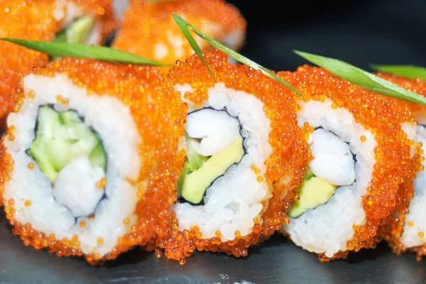 Roll Lazac Avokádó Uborka Sushi Menü Japán Élelmiszer — Stock Fotó