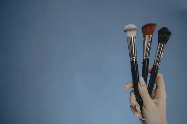 Maquillaje Cepillos Sobre Fondo Azul —  Fotos de Stock