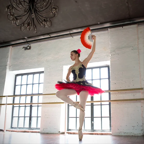 Rehearsal ballerina in the hall. White walls, dark wooden floor