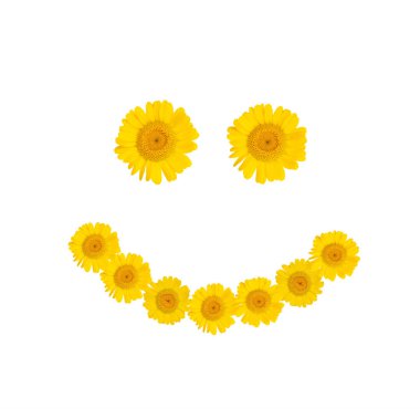 Beyaz izole arka plan üzerinde parlak sarı çiçeklerden Smile sembolü. Yaz havası. kaybetmek-up.