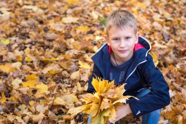 Sarı yaprakların arka planındaki parktaki çocuk. Yukarıdan görüntüleyin. Avrupa görünüm bir çocuk mavi ceket ve kot giymiş. 