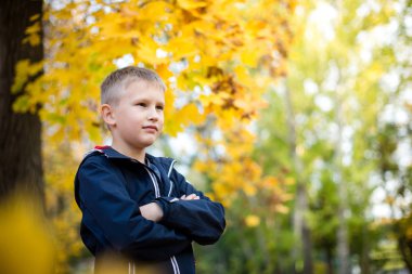 Parkta Avrupalı bir çocuk. Bokeh ile sarı bulanık arka plan. Sonbahar günü.