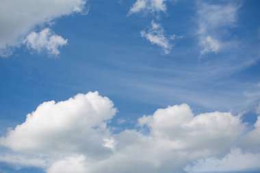 Kümülüs bulutları ile gökyüzü. Arka plan mavi ve beyazdır. Parlak bir gün. Kopya alanı. Bulutların çerçevesi.