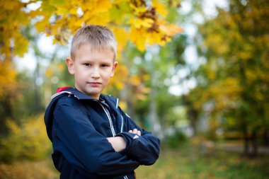 Parkta Avrupalı bir çocuk. Bokeh ile sarı bulanık arka plan. 
