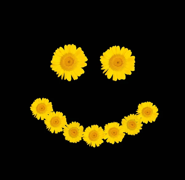 Simbolo di sorriso da fiori gialli lucenti su uno sfondo isolato nero. L'umore estivo. Macro . — Foto Stock