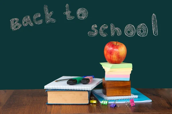 Still Life School Supplies Blackboard Chalk Chalkboard Green Background Notebooks — Stock Photo, Image