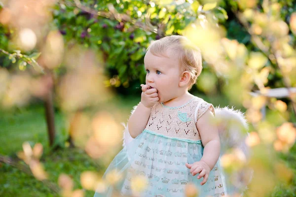 Bebé en el jardín. Chica ángel come ciruela. Día soleado de verano. Fondo borroso verde en el fondo — Foto de Stock