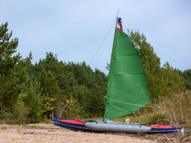 Su turizmi. Kayak kumlu sahilde bir yelken ile. Su gezisi. Bankalar sazla büyümüş.. 