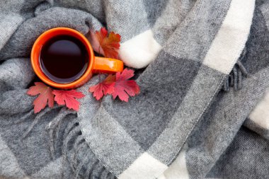 Çay ile bir portakal fincan bir ekose üzerinde duruyor. Kupanın yanında sonbahar kırmızısı yaprakları var. Ev sayılsın. Yukarıdan görüntüle.