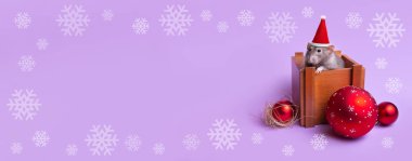Ahşap bir kutuda Noel Baba şapkası takan dekoratif fare şapkası. Leylak arkaplan. Mutlu Noeller ve mutlu yıllar. Noel süsleri. Fare yılı. Çin Yeni Yılı. Sevimli evcil hayvan. Arkaplanda kar taneleri.