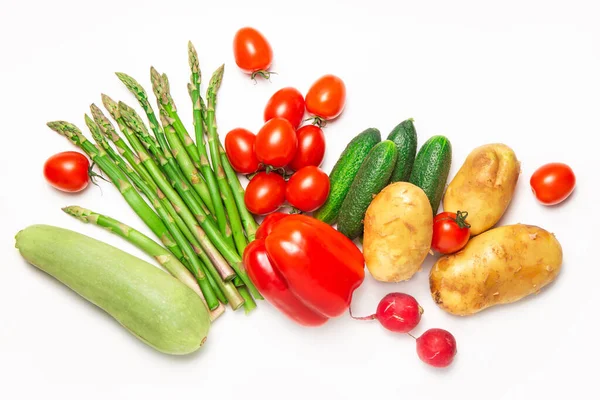 Verduras Frescas Sobre Fondo Blanco Aislado Cultivos Espárragos Tomates Calabacines — Foto de Stock