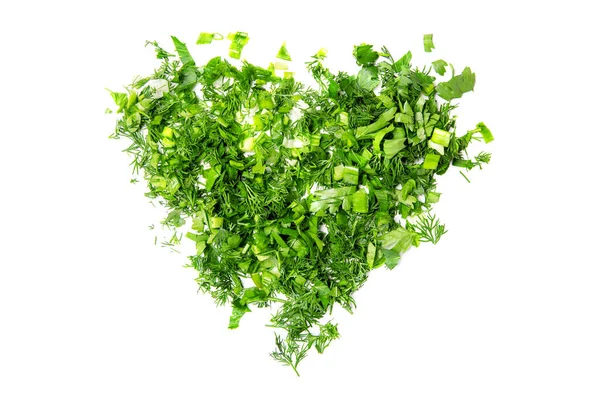 Heart Shape Made Chopped Green Onions Parsley Dill White Isolated — Stock Photo, Image