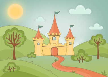 Üç kule, müstahkem bir kapı ve bir yol ile eski ağaçları yeşil bir park arka plan üzerinde bir masal kalesi