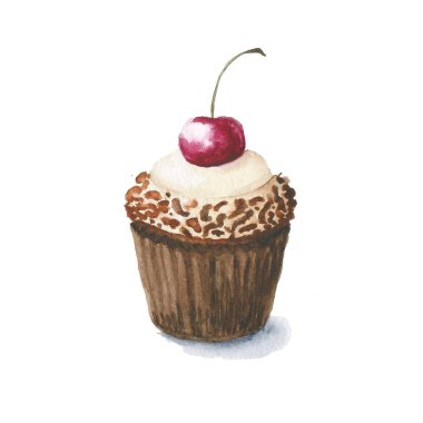 Bir lezzetli sulu boya çizilmiş kek çikolata parçaları ve üst Olgun Kiraz