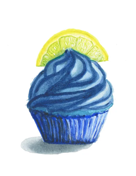 Cupcake Aquarela Bonito Com Limão Papel Azul — Fotografia de Stock