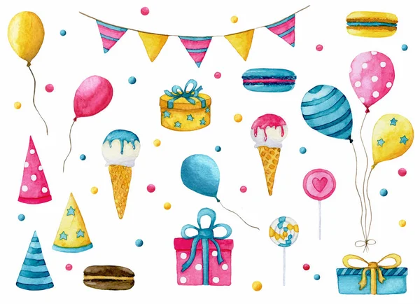 Çizilmiş Dekorasyon Clipart Büyük Bir Suluboya Happy Doğum Günü Seti — Stok fotoğraf