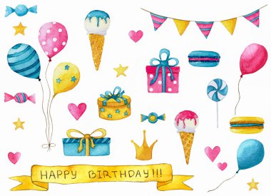 El çizilmiş suluboya dekorasyon clipart büyük bir Happy doğum günü seti. ute bayrakları, balonlar, makaronlar, dondurmalar, tatlılar, şekerlemeler, lolipoplar, yıldızlar, kalpler, beyaz arka plan üzerinde izole hediye kutuları