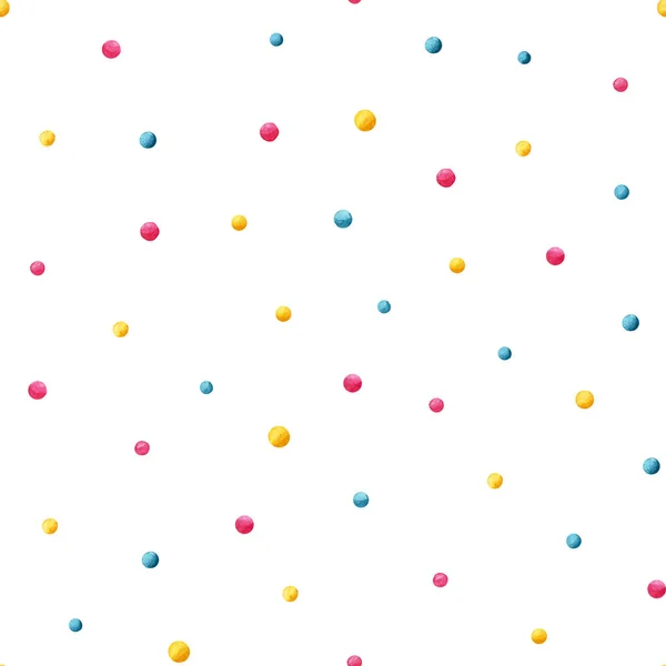 รูปแบบไร้เย็บด้วย polka ดอท confetti หลายสีบนพื้นหลังสีขาวสําหรับห่อกระดาษสิ่งทอหรือวอลล์เปเปอร์ . — ภาพถ่ายสต็อก