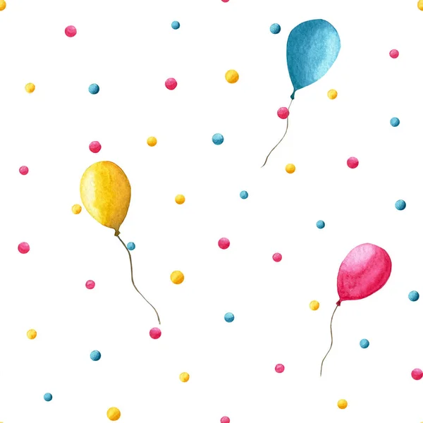 Bezešvé vzory s vícebarevnými polky-konfety a balónky na bílém pozadí pro balicí papír, textil nebo tapetu. — Stock fotografie
