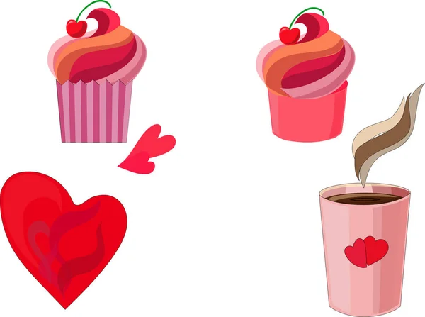 红色樱桃 粉红色的心 粉红色的玻璃与咖啡粉红色的蛋糕 — 图库照片