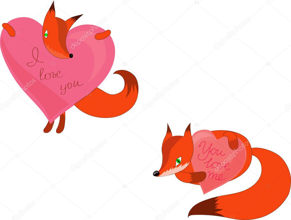 vector two red cute foxes and pink hearts with by-lines