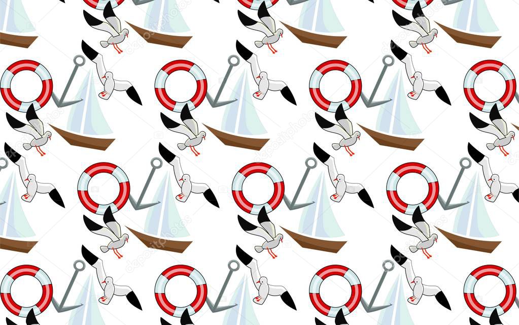 Vector seamless sea pattern with ships, gulls, anchor on white background