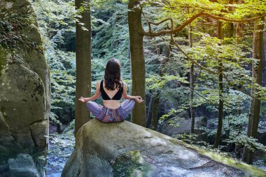 Genç kız meditasyon ve yoga ormandaki yapıyordum