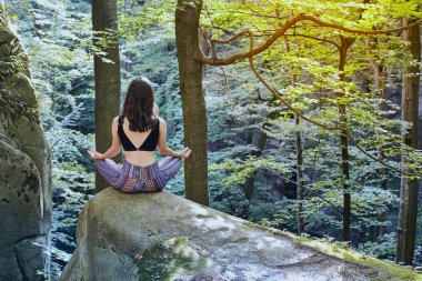 Genç kız meditasyon ve yoga ormandaki yapıyordum