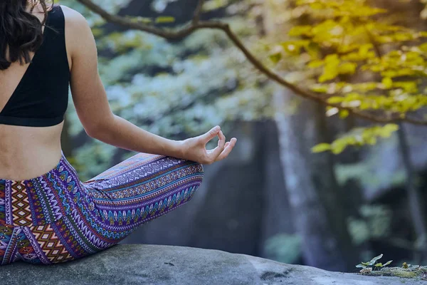 Giovane ragazza meditare e fare yoga nella foresta — Foto Stock