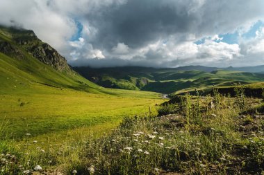 Dağlarda güzel bir yaz manzarası. Dağlarda rahatlama ve eğlence kavramı.
