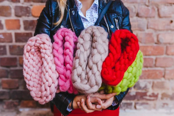 Close View Woman Holding Pile Knitted Warm Winter Hats — Stock Photo, Image