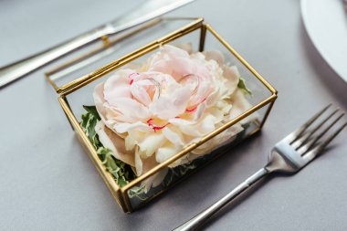 Camdan yapılmış küçük kutuda alyanslar