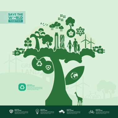 Yeşil ekoloji vektörü illüstrasyonuyla birlikte dünyayı kurtarın.