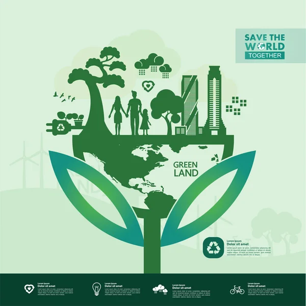 Mentse Meg Világot Együtt Zöld Ökológia Vektor Illusztráció — Stock Vector