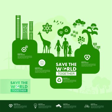 Yeşil ekoloji vektörü illüstrasyonuyla birlikte dünyayı kurtarın.