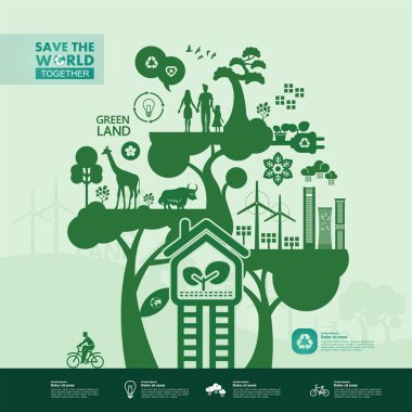 Yeşil ekoloji vektörü illüstrasyonuyla birlikte dünyayı kurtarın.