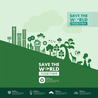Yeşil ekoloji vektörü illüstrasyonuyla birlikte dünyayı kurtarın.