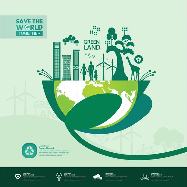 Сохранить Мир Вместе Зеленый Вектор Экологии Иллюстрации — стоковый вектор