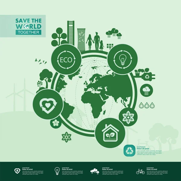 Yeşil ekoloji vektörü illüstrasyonuyla birlikte dünyayı kurtarın.