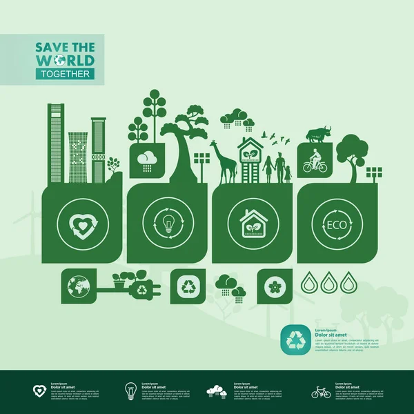 Yeşil ekoloji vektörü illüstrasyonuyla birlikte dünyayı kurtarın.