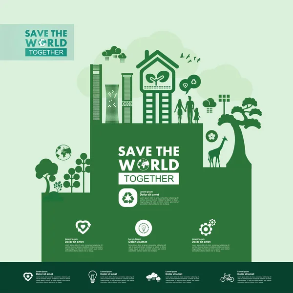 Yeşil ekoloji vektörü illüstrasyonuyla birlikte dünyayı kurtarın.