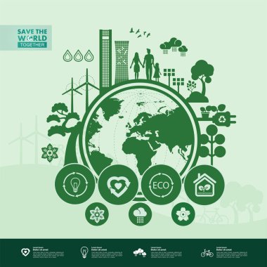 Yeşil ekoloji vektörü illüstrasyonuyla birlikte dünyayı kurtarın.