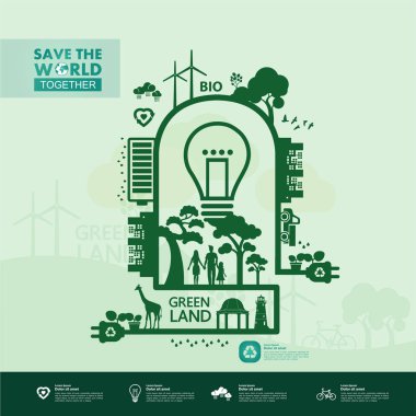 Yeşil ekoloji vektörü illüstrasyonuyla birlikte dünyayı kurtarın.