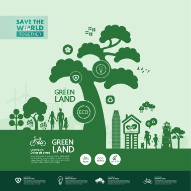 Yeşil ekoloji vektörü illüstrasyonuyla birlikte dünyayı kurtarın.