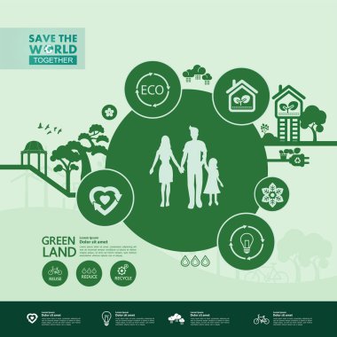 Yeşil ekoloji vektörü illüstrasyonuyla birlikte dünyayı kurtarın.